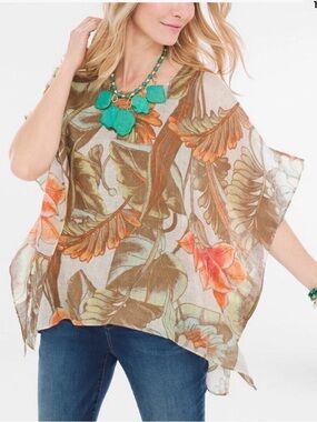 Chicos Size L/XL 100% Linen Poncho Tropical Punch Blouse Lagenlook Boho Beach